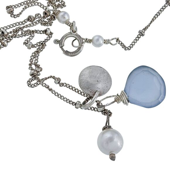 Vintage Sterling Silver 925 3 Charm Pearl Chrysoprase "R" Initial Necklace 17" - Picture 3 of 4